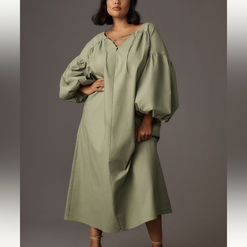 Anthro Oversized Mare Mare Puff Sleeve Tie Front Midi Dress NWOT - Picture 2 of 11